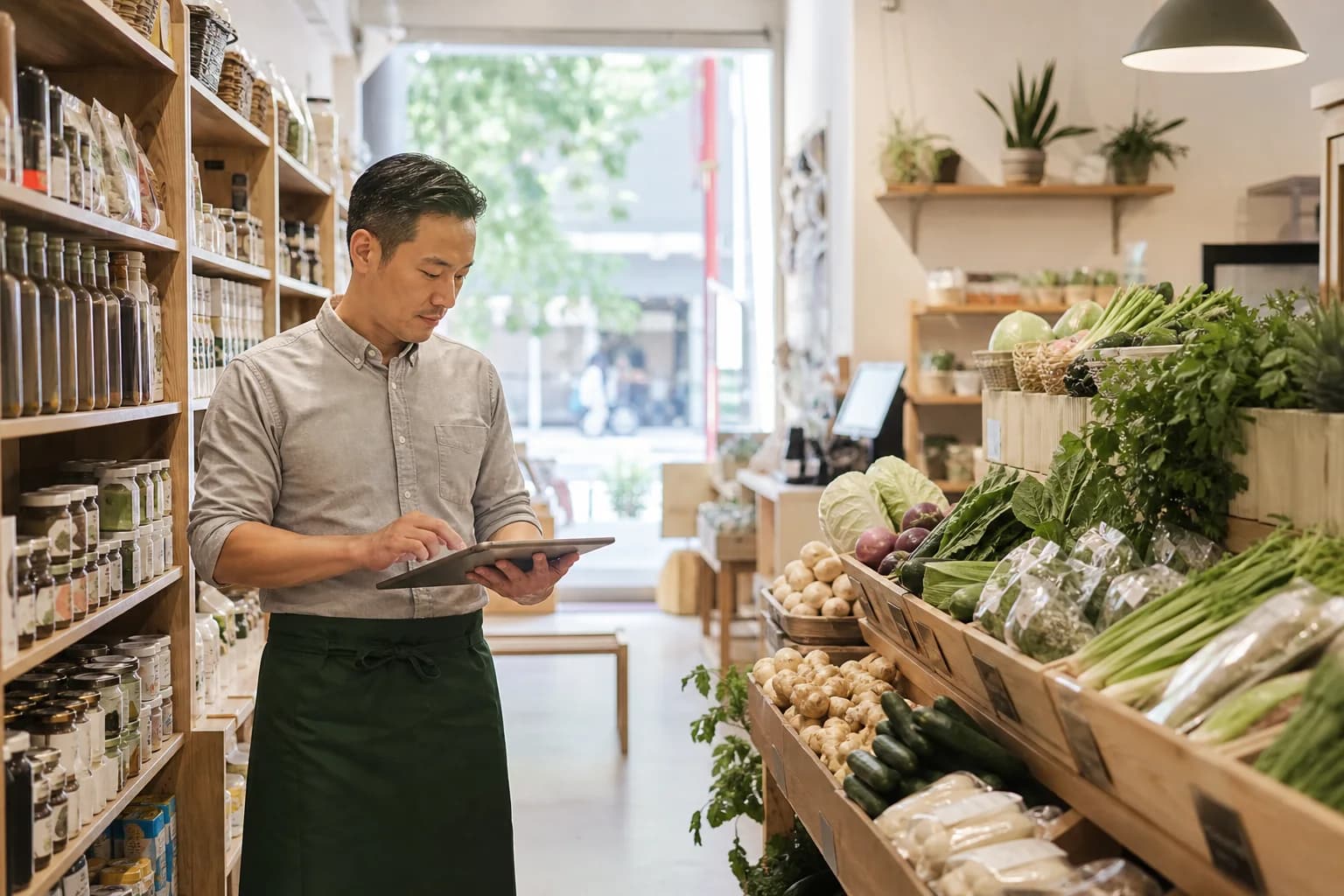 社区零售店经营者在店内核对库存